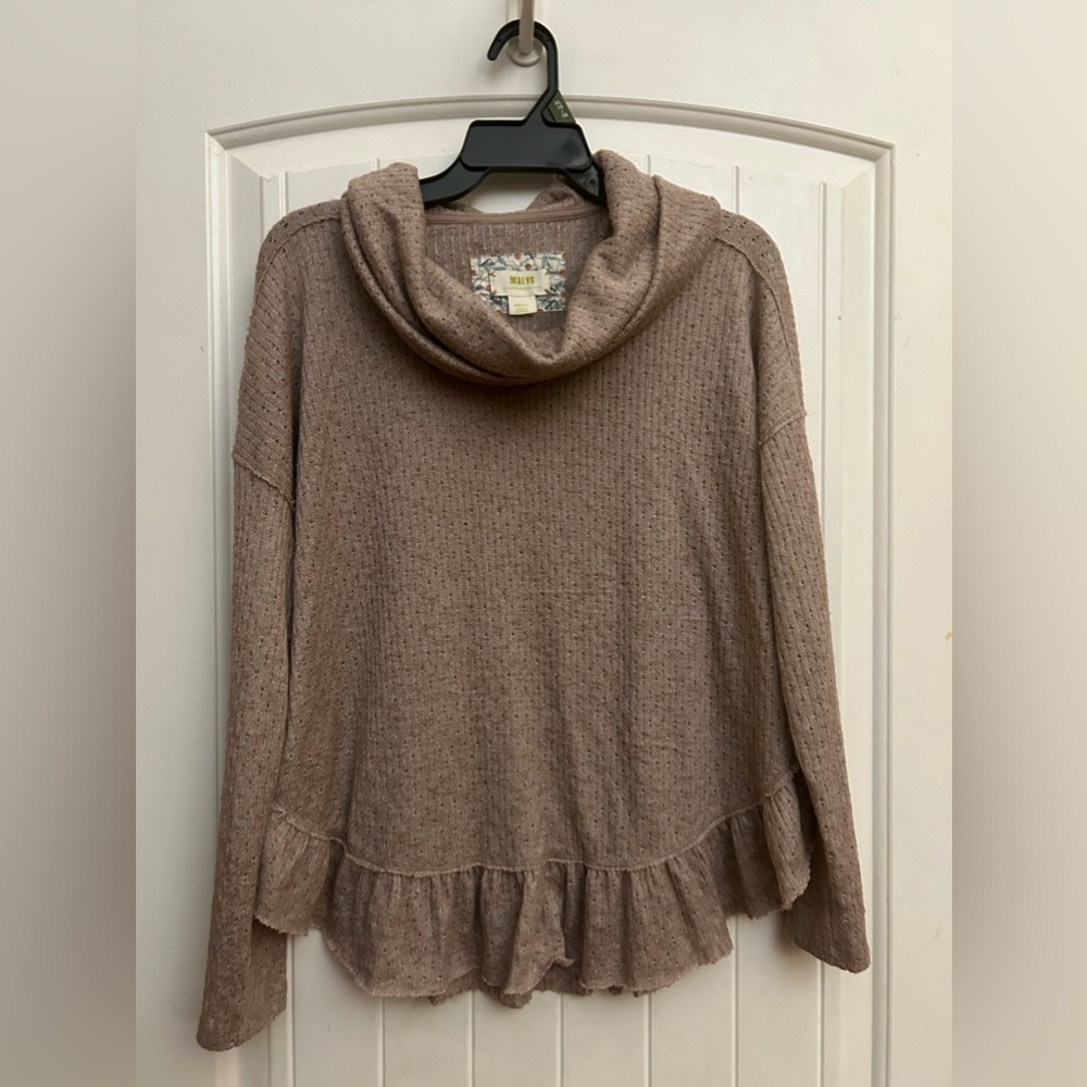 MAEVE Anthropologie Tan Cowl Neck Sweater Ruffle Hem Size‎ Small